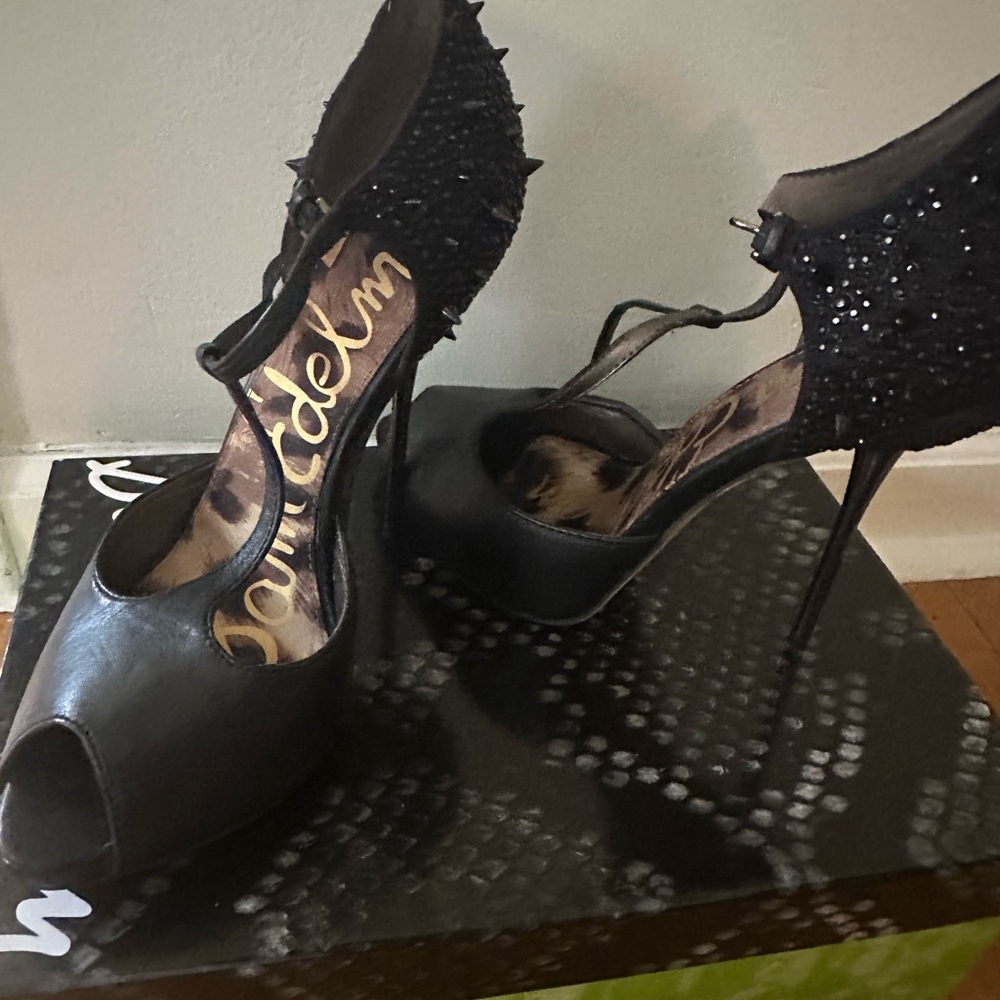 Sam Edelman Black Studded Peep-Toe Heels